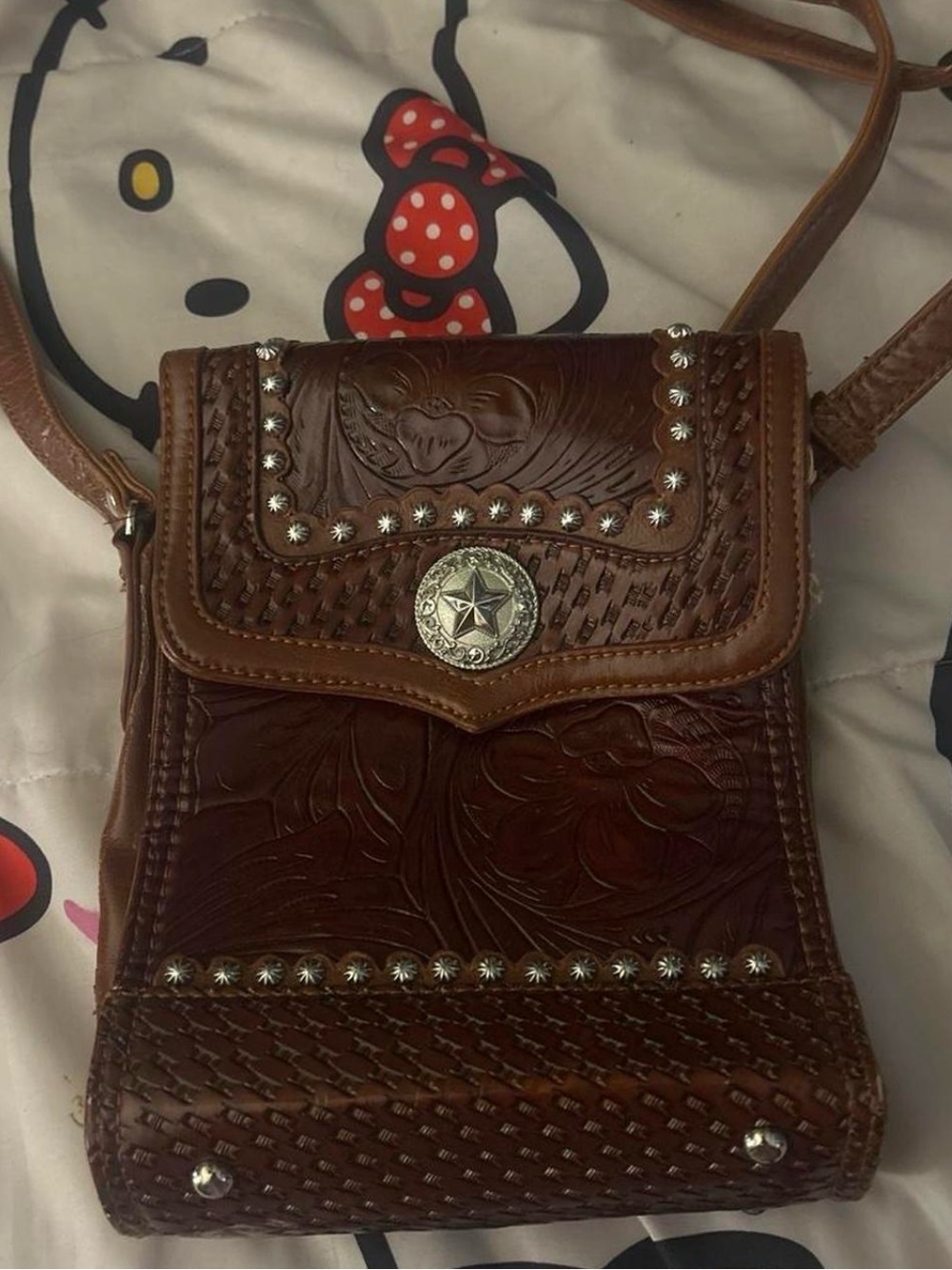 Brown Tooled Leather Crossbody Bag with Western Concho